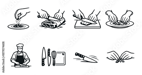 Chef illustrations: cooking and food preparation icons with utensils and hand motions
