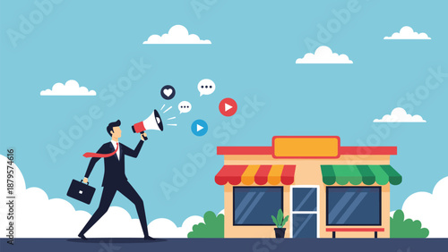 Professional man walks with megaphone and social media icons to promote brand awareness for small retail shop in background.
