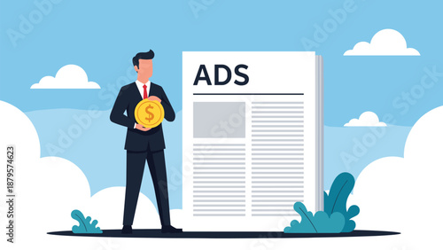 Successful professional holds gold coin while standing next to large newspaper advertising document on blue sky background.