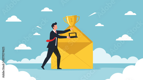 Business man pulls large gold trophy from yellow envelope to represent rewards from successful email marketing campaigns.