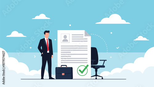 Professional candidate stands next to large curriculum vitae with green checkmark and briefcase for job application success.