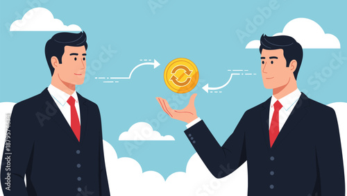 Two business professionals share a rotating gold coin with arrows to demonstrate financial exchange and money circulation.