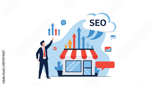 Professional points at rising growth arrows above local shop with seo cloud to show search engine optimization for retail.