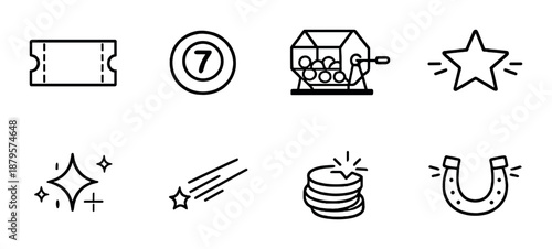 Lottery and luck icon set featuring ticket, wheel, star, sparkles, coins, and horseshoe