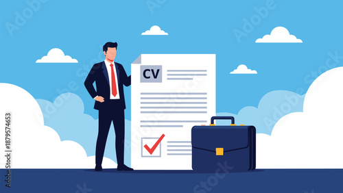 Confident professional stands beside large curriculum vitae with checkmark and briefcase to represent successful hiring.