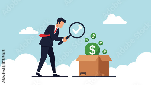 Professional man uses magnifying glass to inspect green dollar coins inside cardboard box representing hidden financial assets.