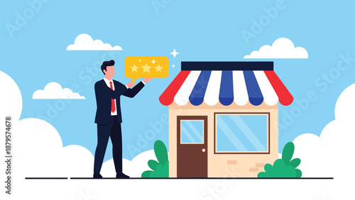 Business professional presents three star review speech bubble next to local shop building on clear blue sky background.