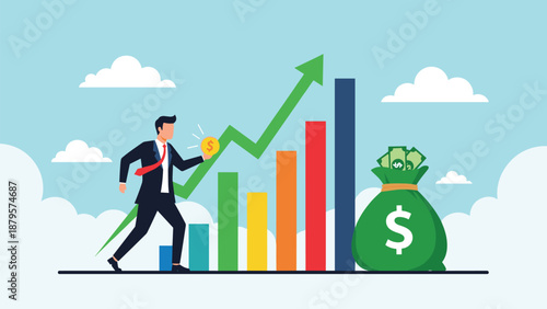 Professional man runs up rising bar chart with gold coin and large green money bag representing aggressive financial growth.