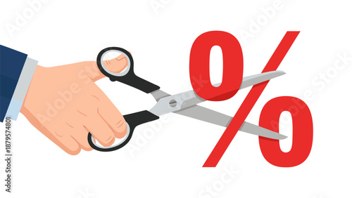 Vector illustration of a hand with scissors cutting a large red percentage sign, symbolizing discounts and savings