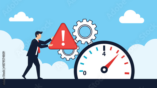 Business professional places red warning sign onto large gear and speedometer for risk management and system error alerts.