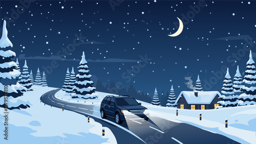 Winter night driving vector illustration showcasing a car on a winding snowy road with fir trees and a cozy cabin under a crescent moon