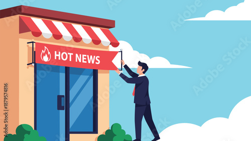 Professional man puts up hot news banner with fire icon above retail shop entrance for important business announcements.