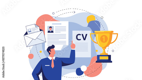 Professional points at curriculum vitae and first place trophy representing career achievement and job application success.