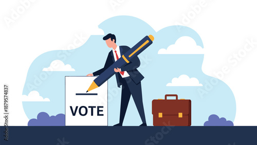 Professional man uses giant pen to cast vote into ballot box next to briefcase for business elections or decision making.