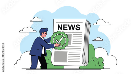 Business professional places green checkmark seal onto large news page to represent verified and trusted information.