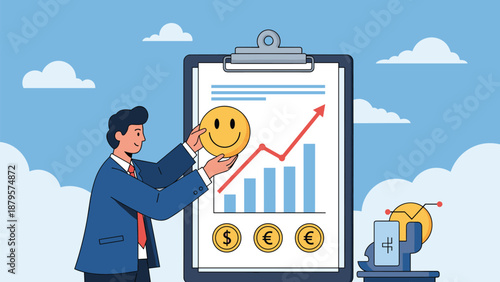 Businessman in a suit holds a smiley face icon while presenting a clipboard with a rising financial growth chart and currency symbols.
