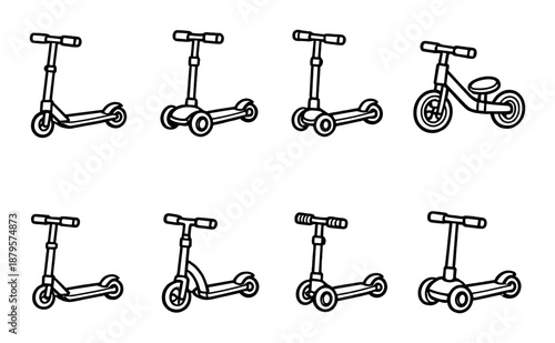 Collection of eight cartoon style scooters on a gray background