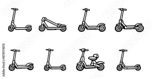Set of eight electric scooters on gray background
