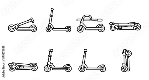 Various styles of electric scooters in folding and unfolding positions