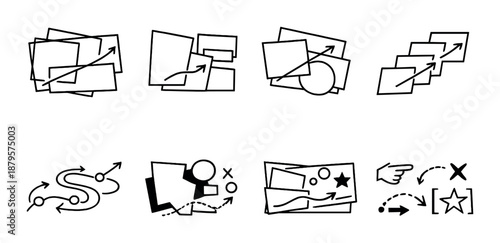 Abstract geometric diagram collection with arrows and symbols