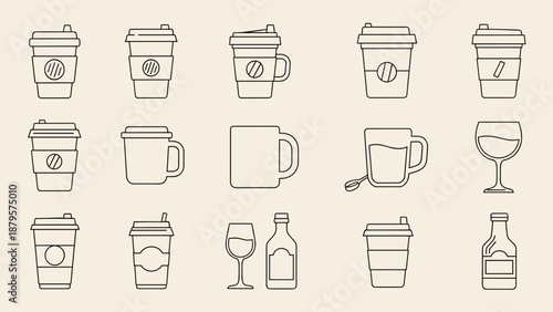 Collection of Simple Line Icons for Coffee Cups and Beverage Containers.