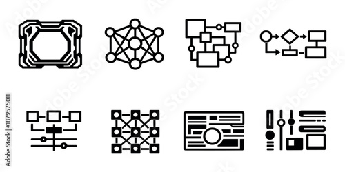 Abstract network icons on dark background highlighting connection and design elements