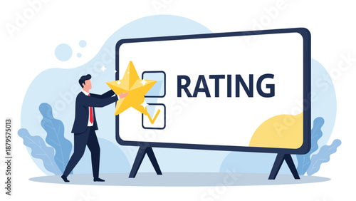 Male executive holds a large gold star icon in front of a whiteboard showing a rating checklist and the word rating for evaluation.