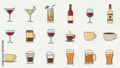 Assorted Beverage Icons Featuring Cocktails Coffee and Beer.