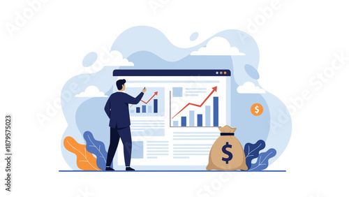 Financial analyst stands before a large screen showing growing bar charts with a bag of money and a floating gold coin for wealth.