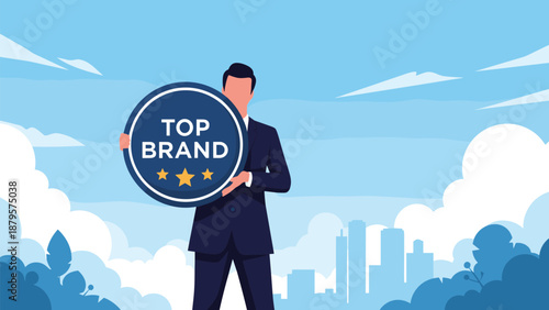 Confident businessman in a dark suit holds a large circular top brand badge with stars to represent quality and corporate reputation.