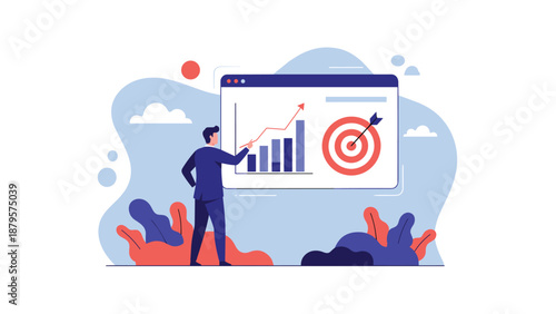 Business professional points at a large screen displaying a rising bar chart and a target with an arrow symbolizing goal achievement.