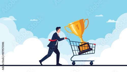 Successful businessman pushes a shopping cart carrying a large gold trophy to signify winning a competition or achieving sales targets.