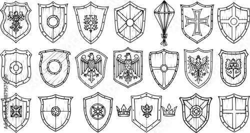 Hand-drawn collection of vintage medieval shields and heraldic emblems, featuring various crests, eagles, crosses, and crowns, in a black and white line art style.