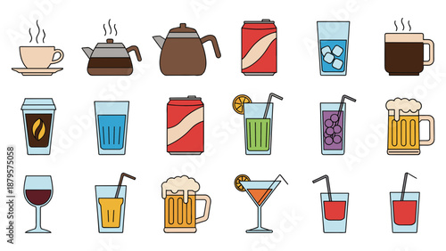 Assorted beverages icons collection including coffee tea and various drinks.