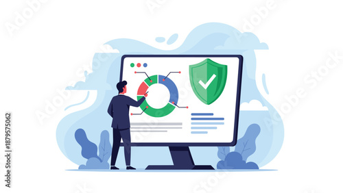 Data analyst looks at a computer monitor displaying a colorful donut chart and a green shield icon for secure data protection.