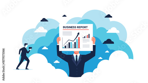 Professional male executive holds up a large business report document showing positive growth trends against a background of clouds.