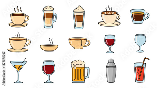 Assorted Beverage Icons Featuring Coffee, Tea, Cocktails, and Beer.