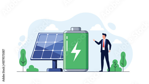 Businessman in a suit points at a large green battery with a lightning bolt symbol next to a solar panel for renewable energy.
