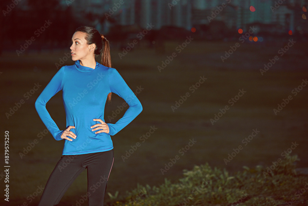 Obraz premium Runner, space and woman in city at night for exercise, workout and training for health. Sports, thinking and person outdoor for endurance, challenge and fitness for active hobby, wellness and cardio