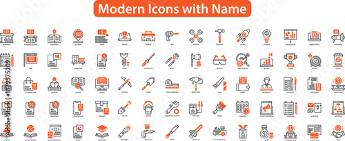 Modern Business and Education Line Icon Set with Orange Accents - Tools, Education, Finance and Productivity Symbols