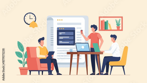 Three colleagues collaborate on a project using laptops and tablets