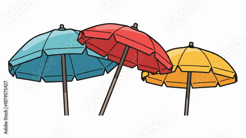 Three colorful beach umbrellas are displayed on a white background