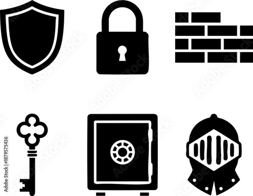 Set of 6 Minimal Defense Icons Isolated White Background Shield Padlock Vault