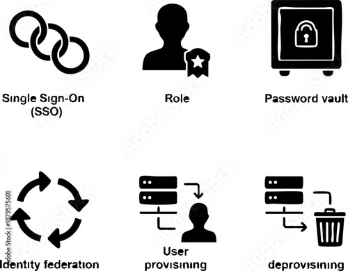 Set of 6 Minimal IAM Icons Isolated White Background SSO User Profile Password Vault
