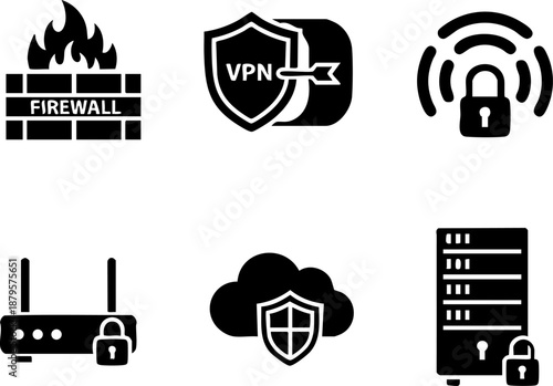Set of 6 Minimal Network Defense Icons Isolated White Background Firewall VPN