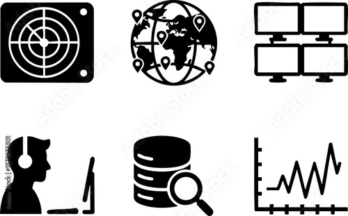 Set of 6 Minimal Security Operations Center Icons Isolated White Background Radar Map Monitors