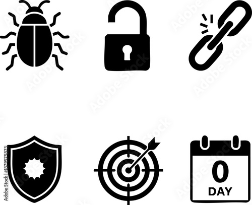 Set of 6 Minimal Vulnerability Icons Isolated White Background Bug Target Zero Day Exploit