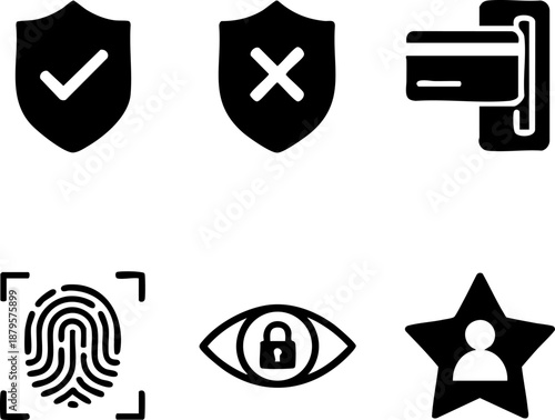 Set of 6 Minimal Access Control Icons Isolated White Background Shield Keycard Fingerprint