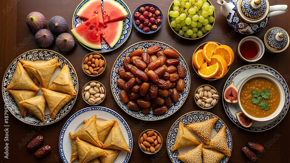 Fototapeta premium Traditional Middle Eastern spread with samosas, dates, fruits, and tea