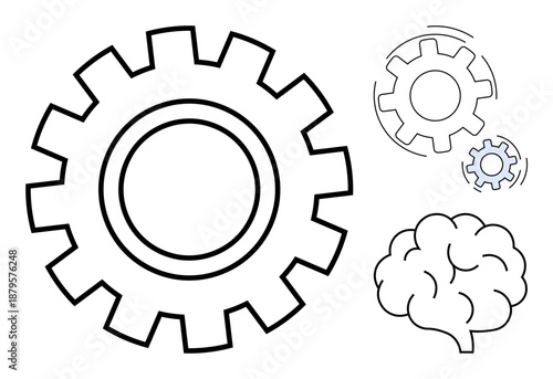 Problem solving, innovation, cognitive processes, creativity, teamwork, mechanics. ion of a brain and multiple gears. Problem solving and innovation concepts related to human cognition